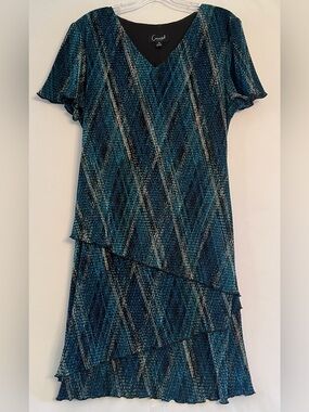 Connected Apparel Teal Plissé Geometric Tiered Flutter Sleeve Dress Sz 14
